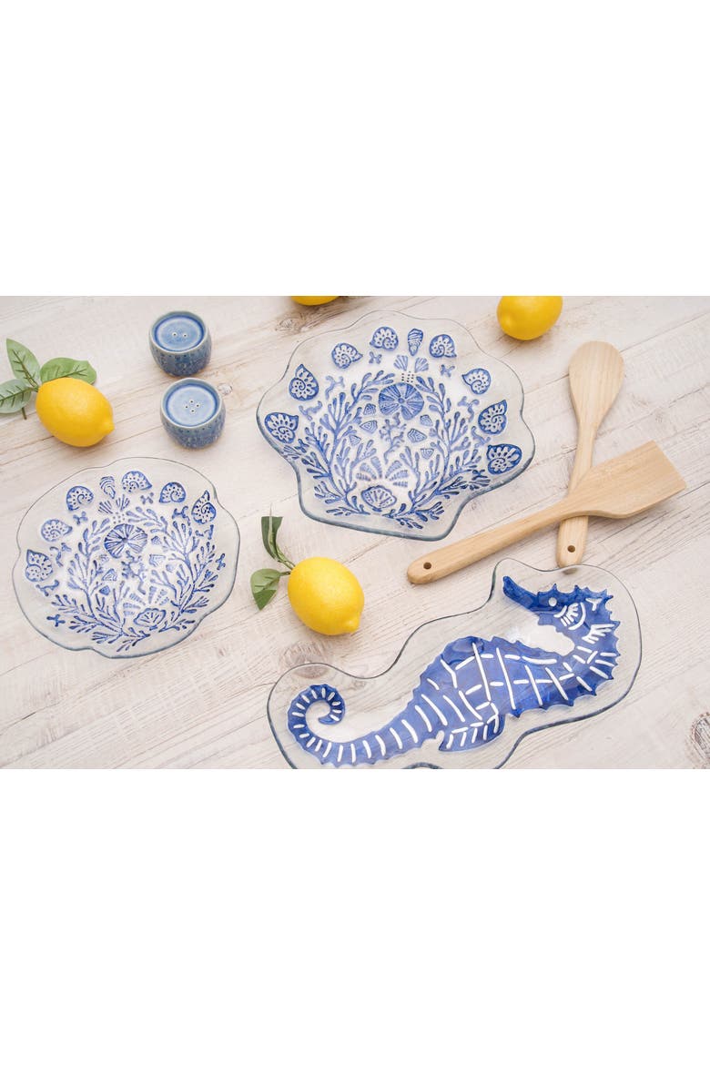 Seahorse Slump Glass Coastal Novelty Decorative Shaped Dish Plate 7.05" x 15", Alternate, color, Blue
