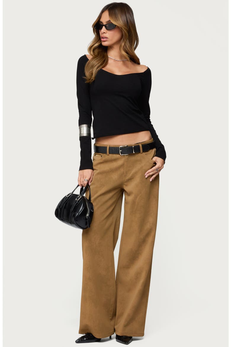Stacey Low Rise Wide Leg Faux Suede Pants, Alternate, color, BROWN