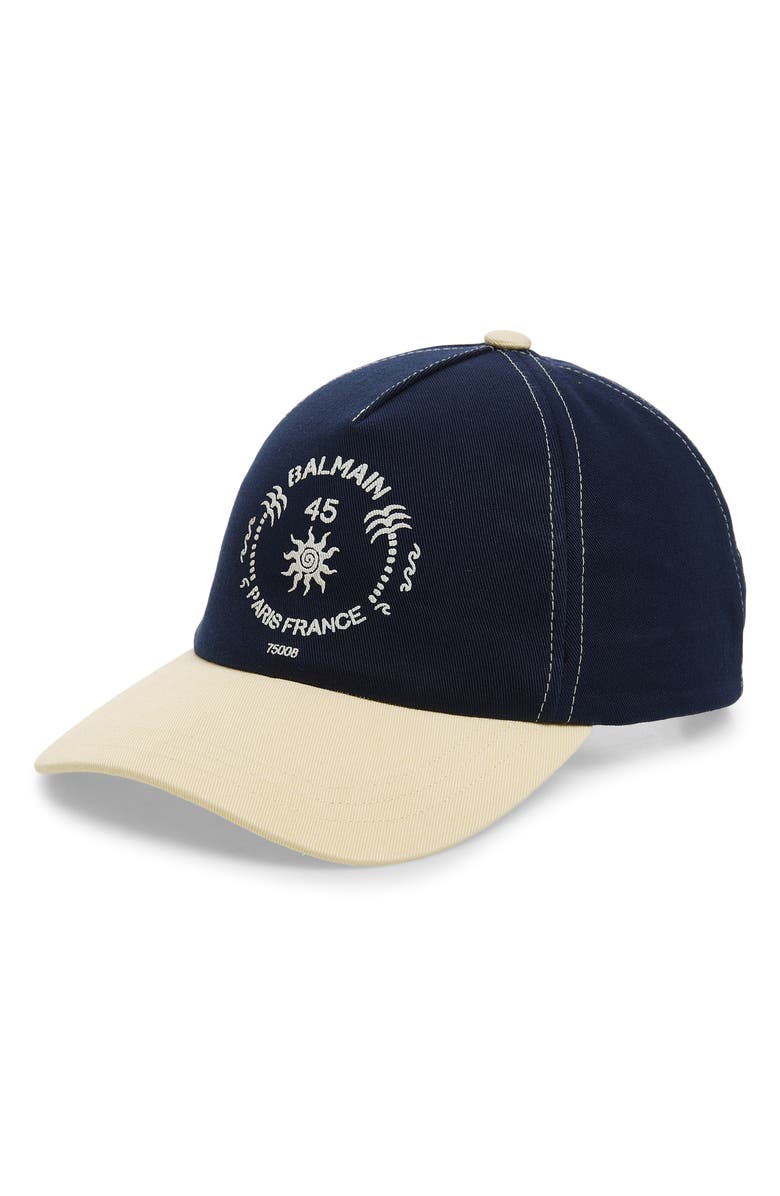 Balmain Club Logo Adjustable Cotton Twill Baseball Cap, Main, color, Navy Multi
