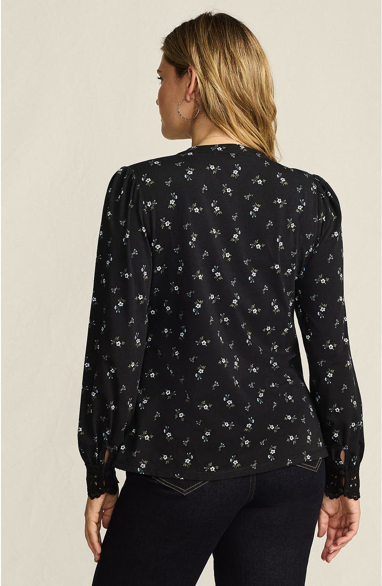 Lands' End Lightweight Jersey Long Sleeve Button Front Pintuck Top, Alternate, color, Black/Cobalt Tiny Floral