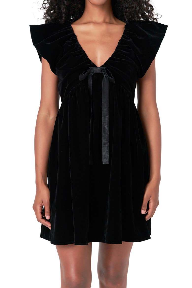 Satin Bow Velvet Minidress, Alternate, color, BLACK