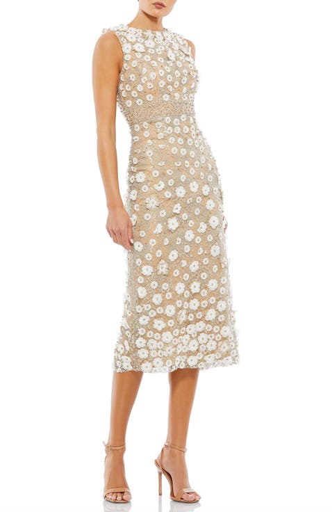 上品★Mac Duggal★ 花柄 ハイネック トラペーズドレス Beige Beige High Neck Floral Embellished Trapeze Gown | Mac Duggal