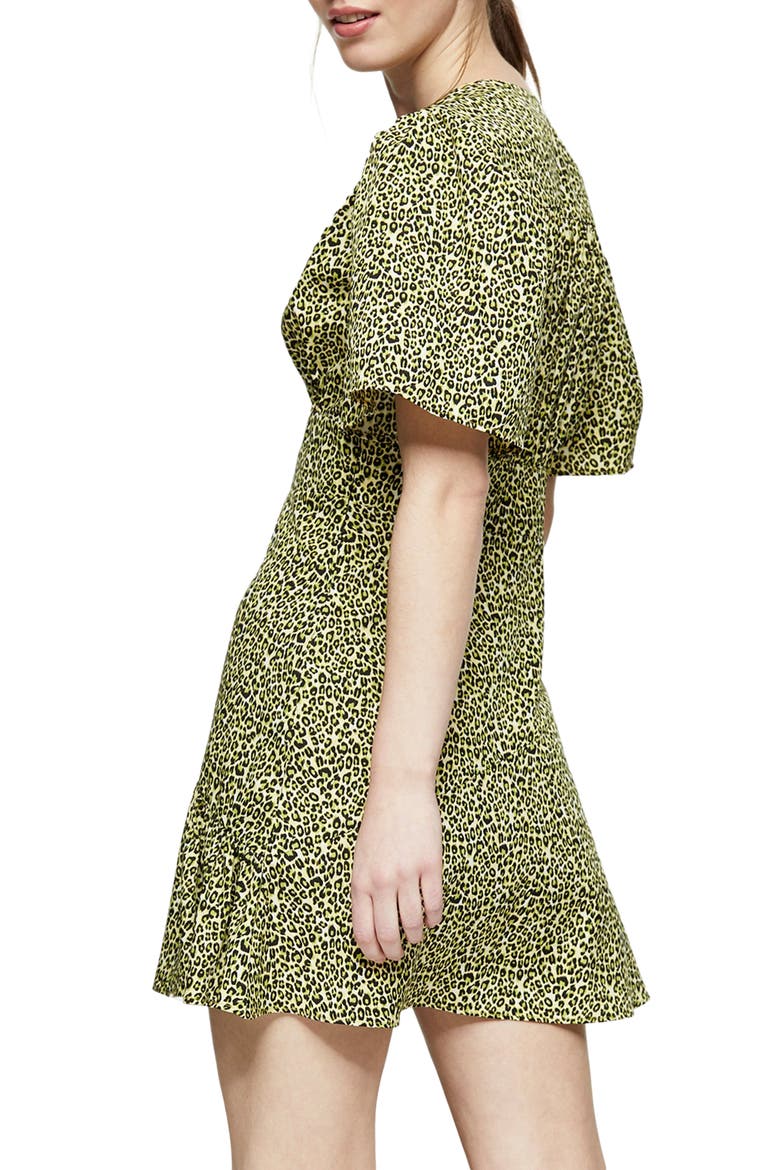 Flutter Sleeve Leopard Print Minidress, Alternate, color, LIME