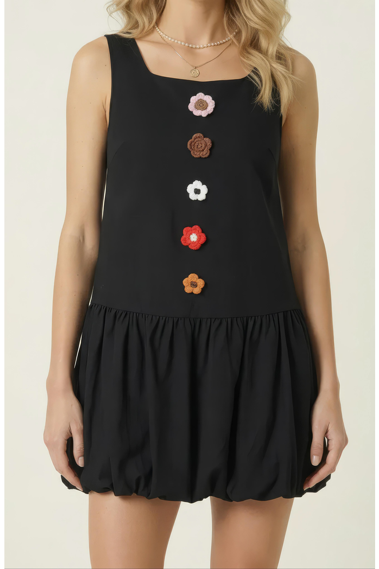 Sleeveless Mini Dress with Floral Applique and Bubble Hem, Alternate, color, Black