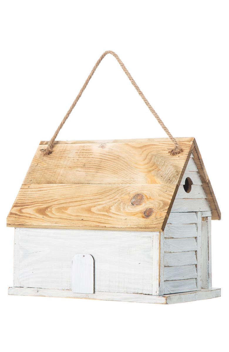 Glitzhome 14.25"L Oversized Distressed Solid Wood Cottage Birdhouse with Natural Wood Roof, Alternate, color, White