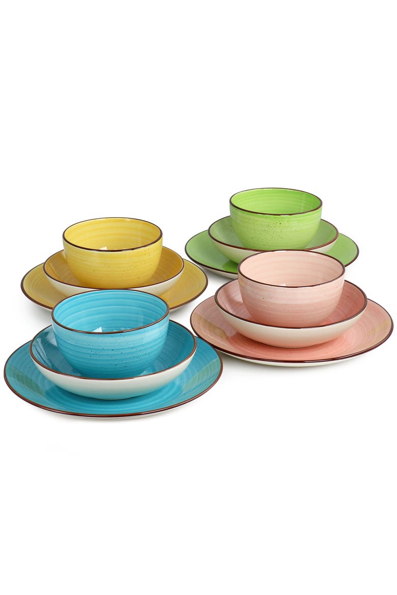 Hudson 12 Piece Double Bowl Stoneware Dinnerware Set, Alternate, color, Pink