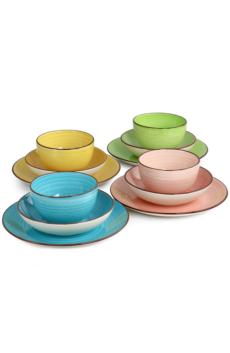 Elama Hudson 12 Piece Double Bowl Stoneware Dinnerware Set, Alternate, color, Pink