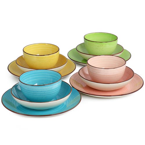Elama Hudson 12 Piece Double Bowl Stoneware Dinnerware Set In Multi
