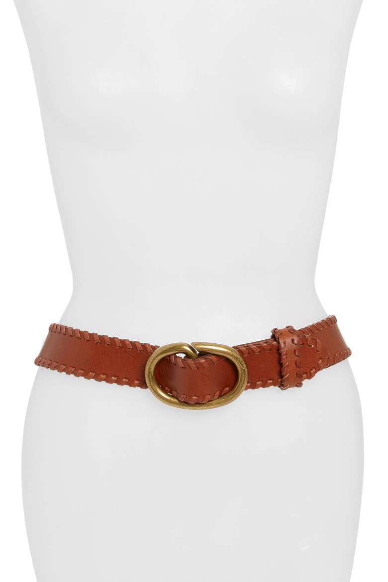 Whipstitch Leather Belt, Main, color, COGNAC