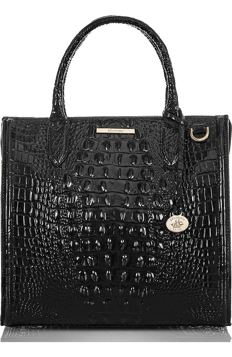 Brahmin Caroline Croc Embossed Leather Satchel, Main, color, Black