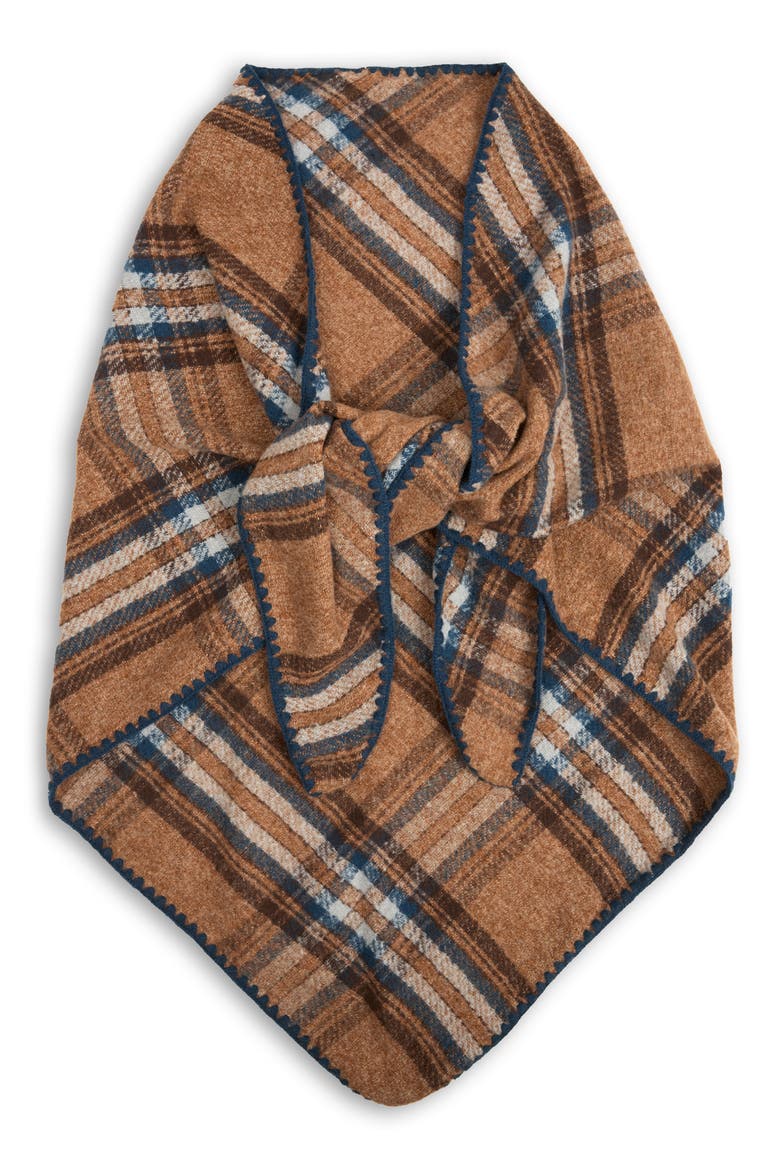 Plaid Triangle Knit Trim Shawl, Alternate, color, DARK TAUPE/ BLUE MULTI
