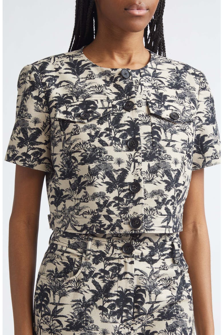 London Tropical Print Short Sleeve Crop Jacket, Alternate, color, JET/ NATURAL