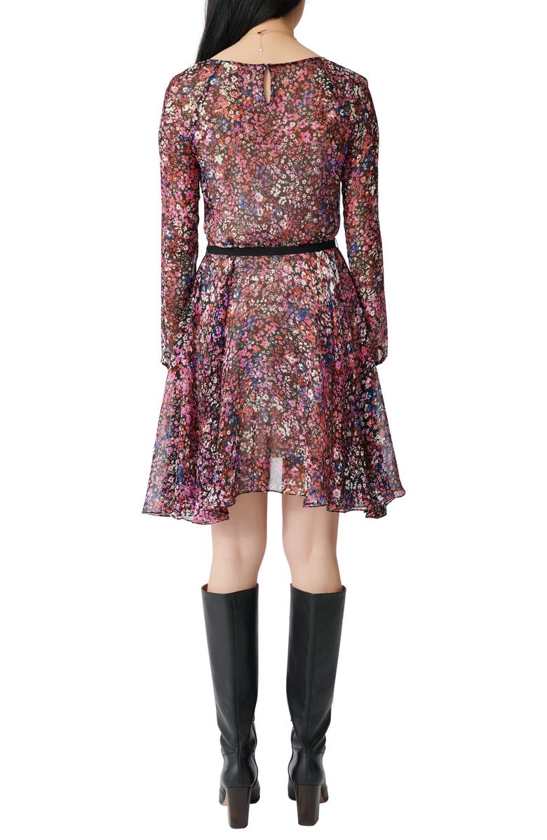 maje Long Sleeve Belted Floral Silk Dress, Alternate, color, 