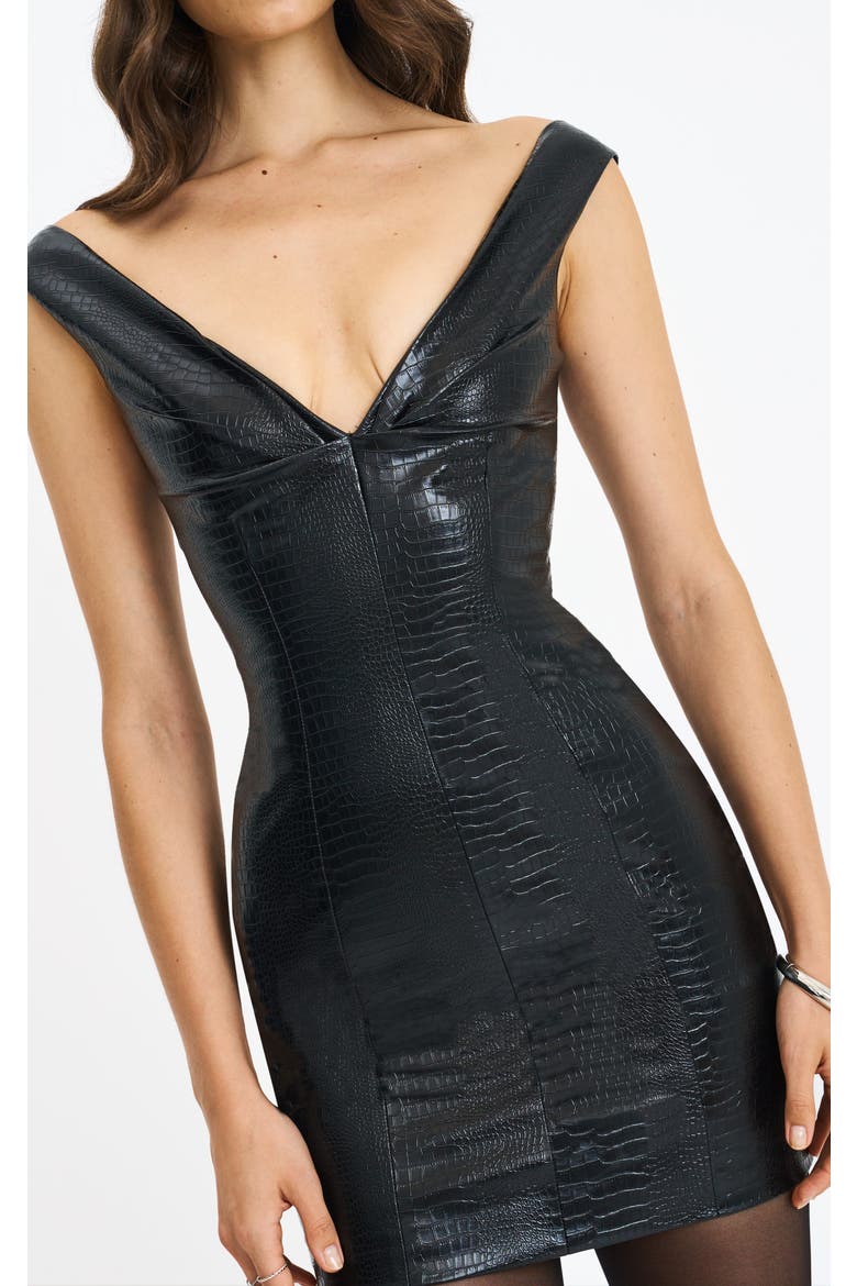 Quilia Vegan Crocodile Leather Plunge Mini Dress, Alternate, color, Black