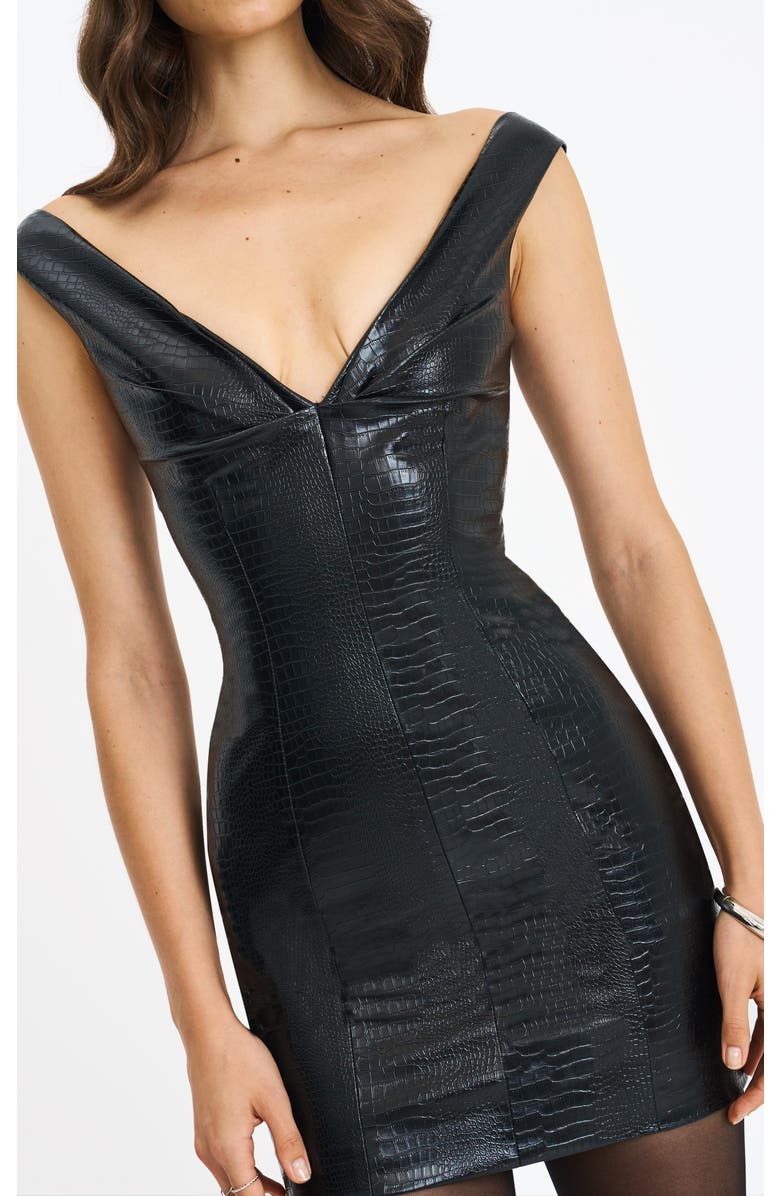 Miss Circle Quilia Vegan Crocodile Leather Plunge Mini Dress, Alternate, color, Black