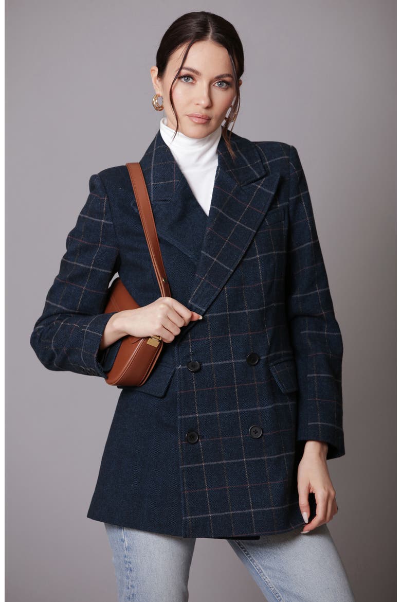 Mixed Plaid Double Breasted Blazer, Alternate, color, BLACK NAVY PLAID