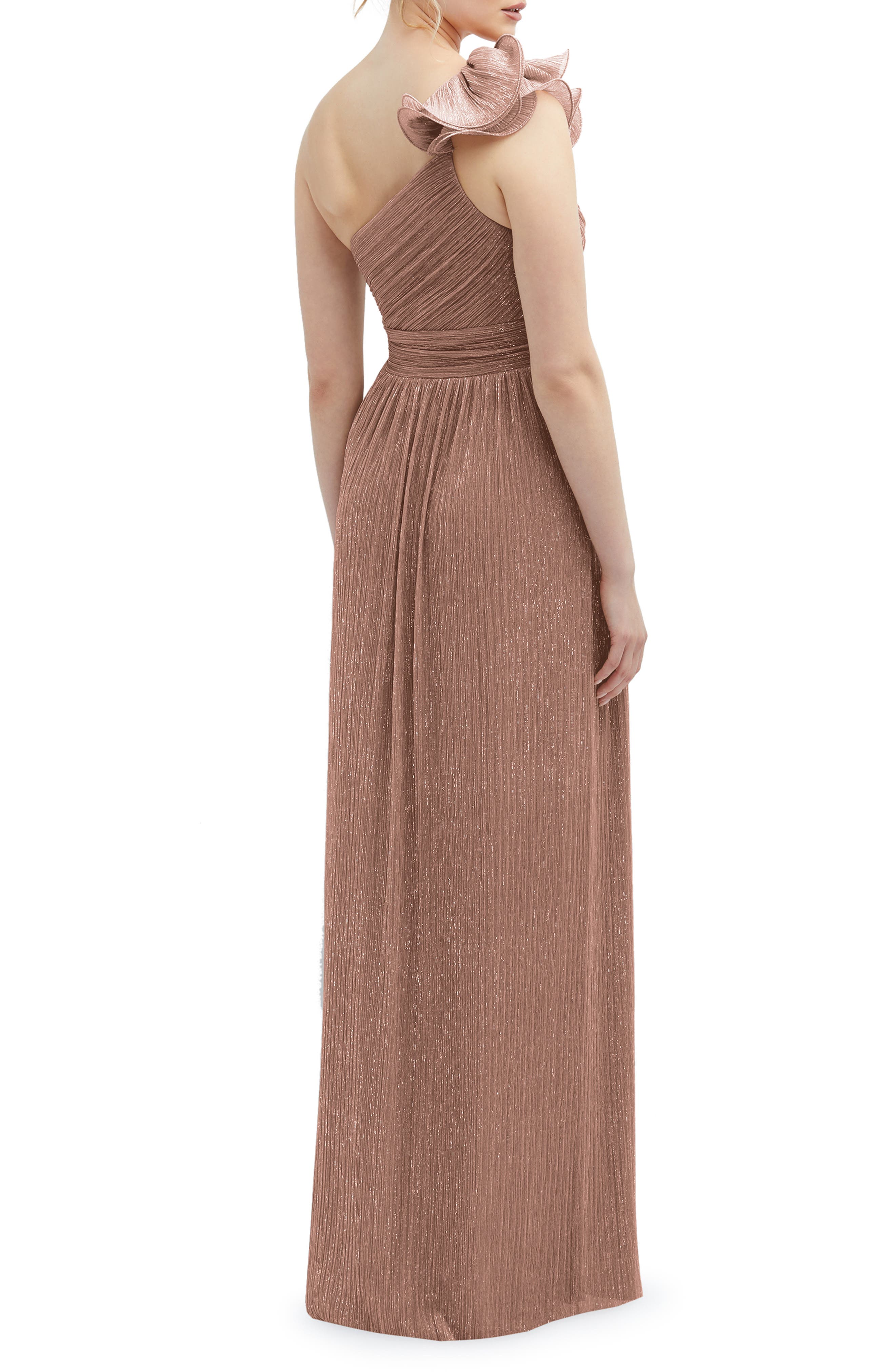 Ruffle One-Shoulder Metallic Column Gown - image 2