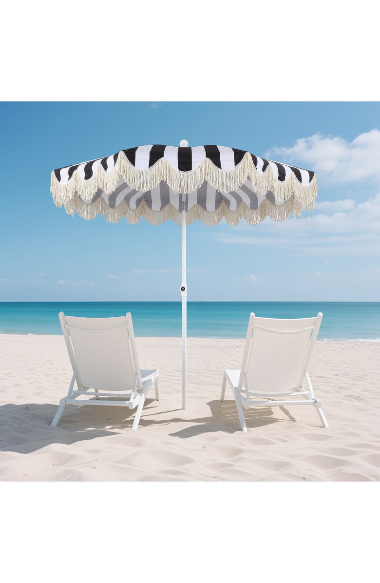 JONATHAN Y Mariner 6.5 ft. Classic Cottage Fringe Tassel Market Beach Umbrella with Push Button Tilt, Alternate, color, Black/White - White Pole