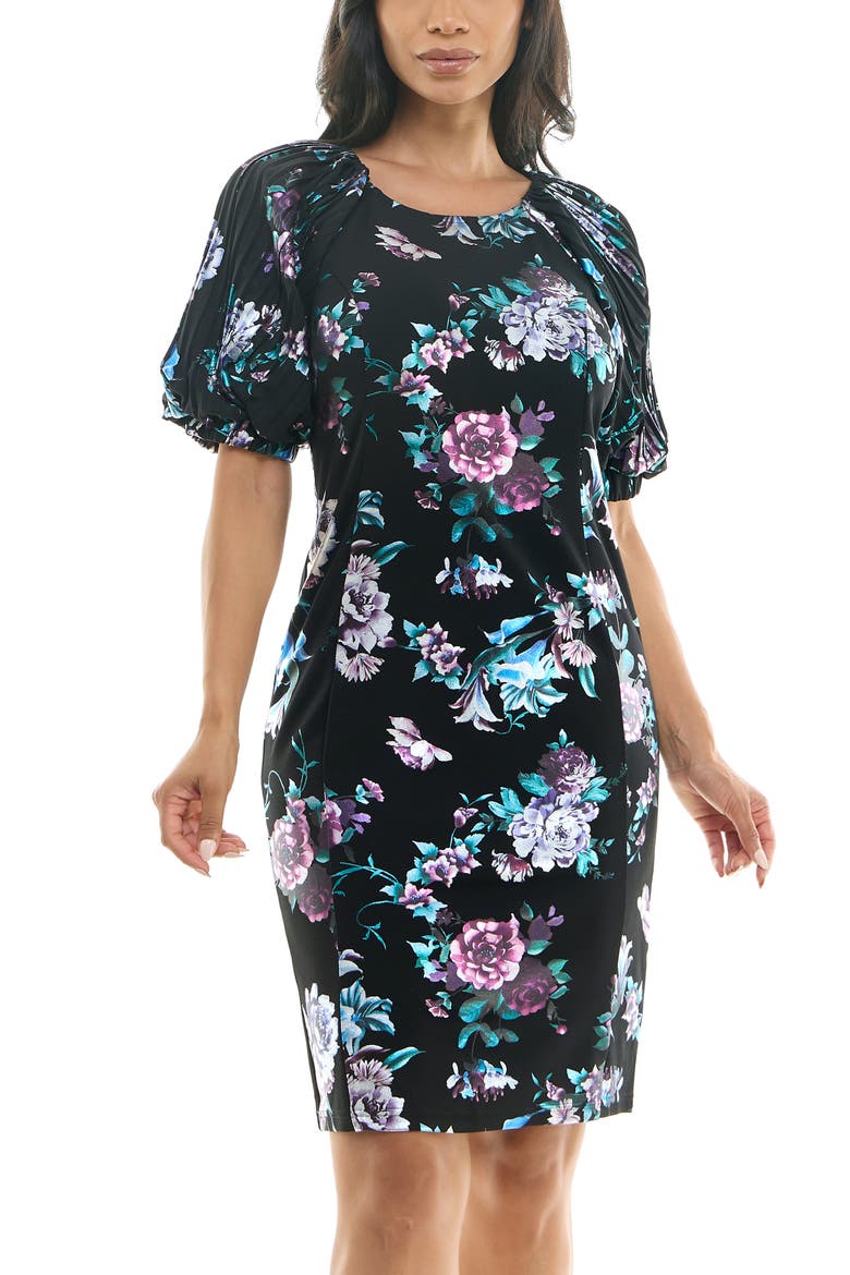Floral Puff Sleeve Dress, Alternate, color, BLACK/LAVENDER MULTI