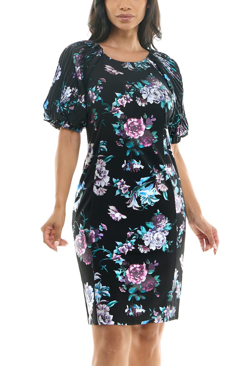 Nina Leonard Floral Puff Sleeve Dress, Alternate, color, Black/Lavender Multi