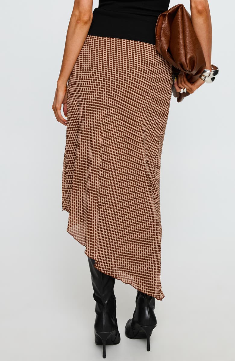 Princess Polly Suella Polka Dot Asymmetric Midi Skirt, Alternate, color, Brown Polka Dot