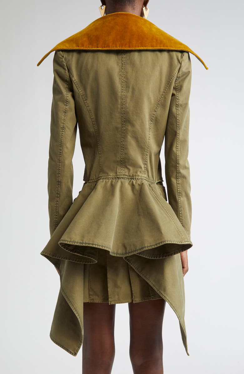McQueen Velvet Collar Double Breasted Twill Peplum Jacket, Alternate, color, Khaki