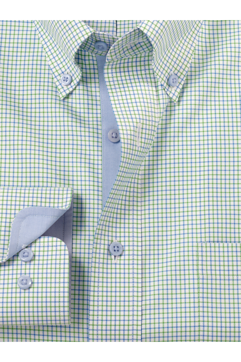 Cotton Poly Spandex Buttondown Collar Twill Slim Contrast Trim Button Cuff Long Sleeve, Alternate, color, Blue/Green