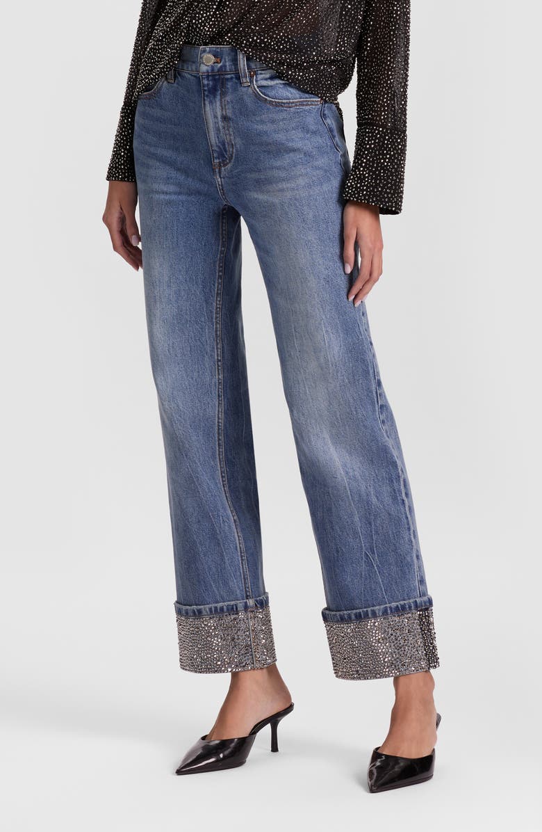 Alice + Olivia Chic Embellished Cuffed Ankle Jeans, Alternate, color, Brooklyn Blue