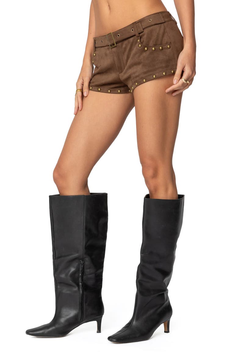 Studded Faux Leather Micro Shorts, Alternate, color, BROWN