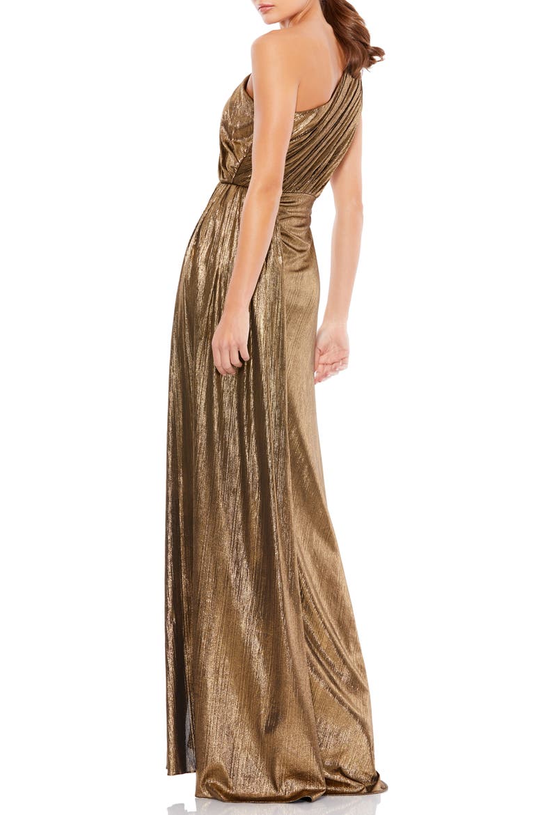 Women's One-Shoulder Metallic Draped Evening Gown, Alternate, color, ANTIQUE GOLD