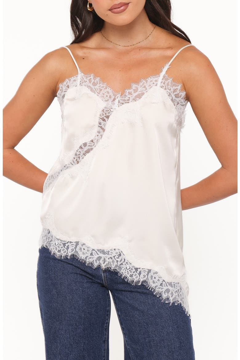 Avere Lace Trim Asymmetric Satin Camisole, Main, color, CREAM