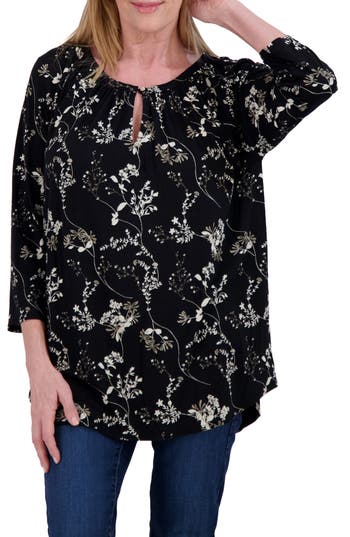 Lucky Brand Floral Raglan Sleeve Top In Jet Black