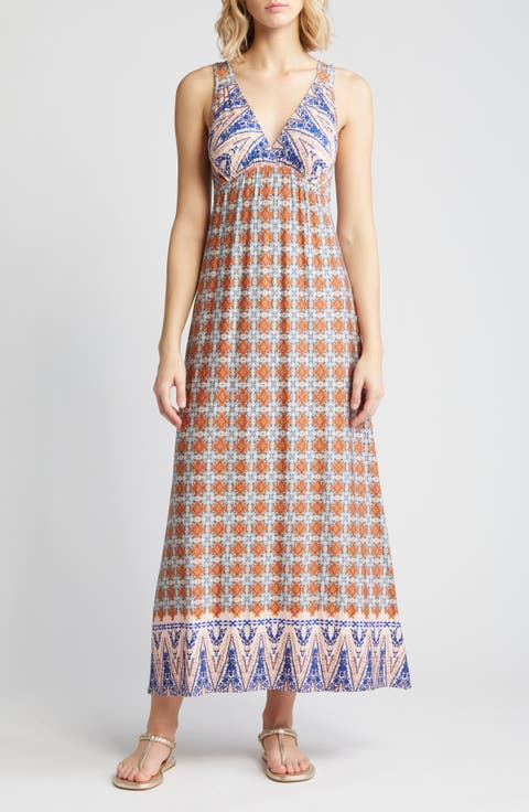 Border Print Sleeveless Jersey Maxi Dress