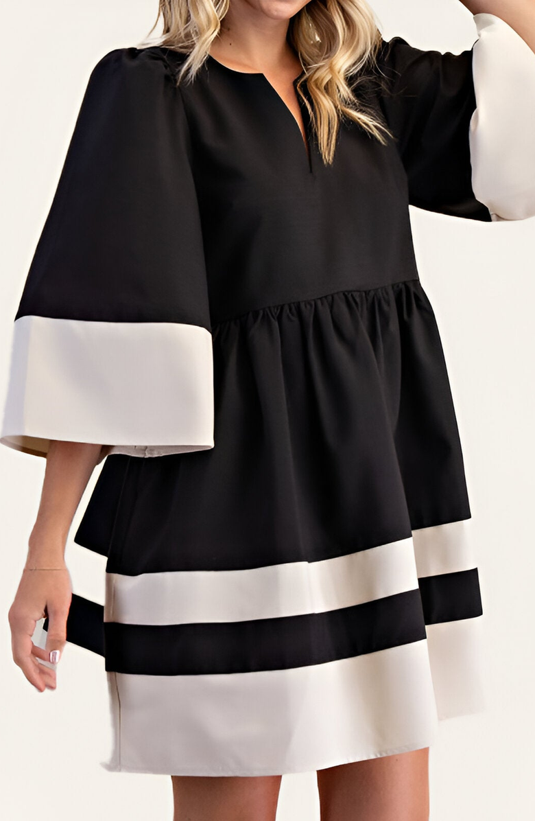 Modenaire Fit-and-Flare Contrast Trim V-Neck Cuffed Sleeve Mini Dress, Alternate, color, Black / White