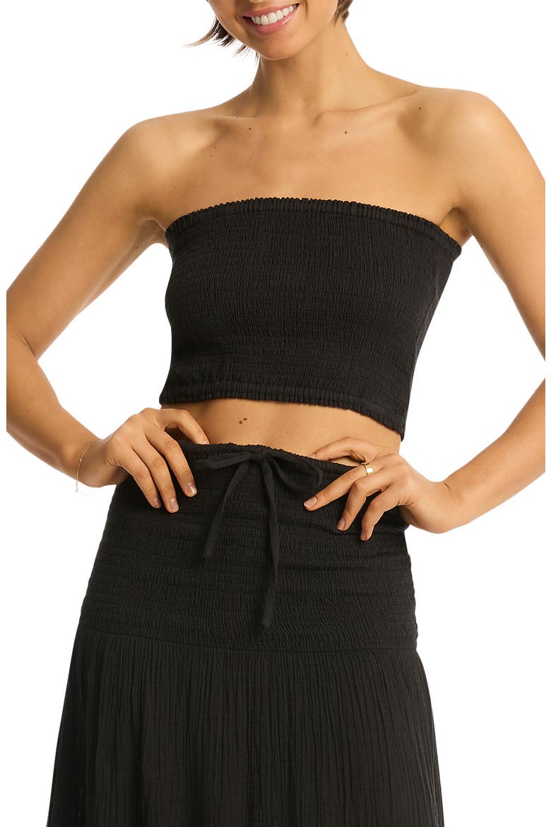 Sunset Strapless Cotton Gauze Cover-Up Top, Main, color, BLACK