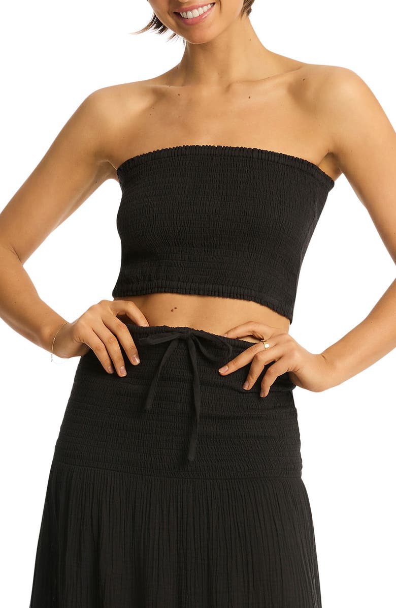 Sea Level Sunset Strapless Cotton Gauze Cover-Up Top, Main, color, Black