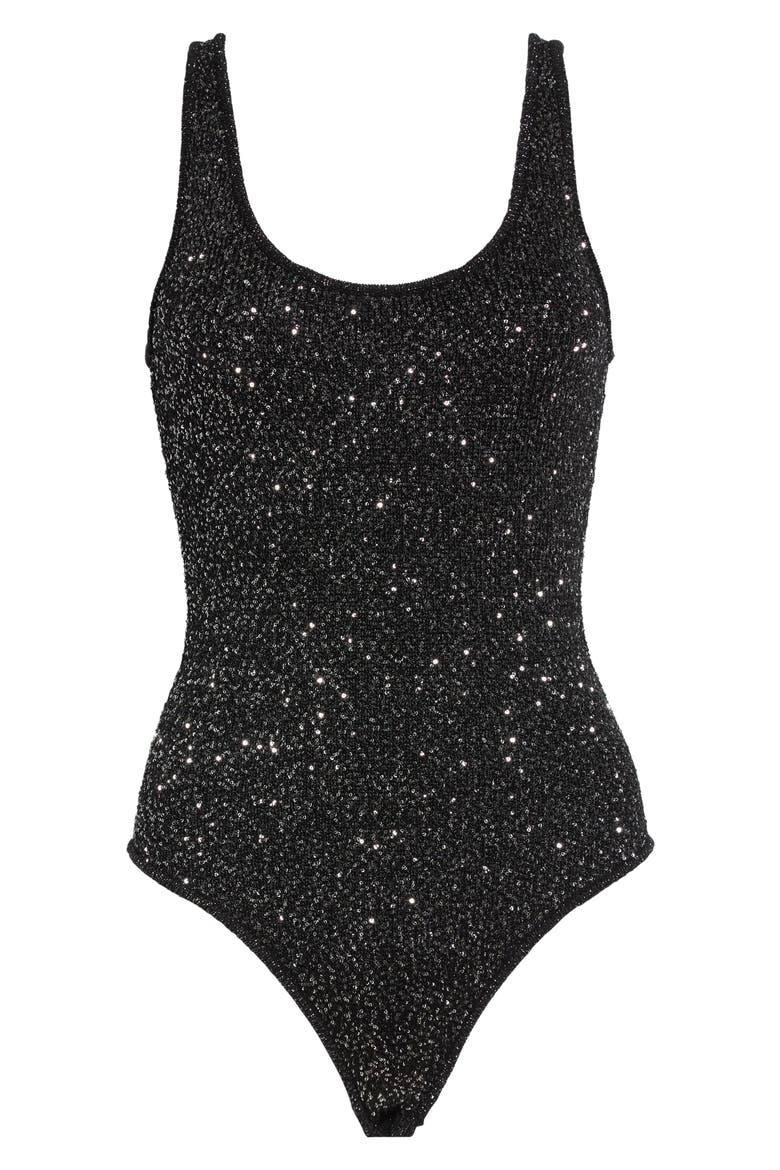 Sheila Scoop Neck Sequin Bodysuit, Main, color, ONYX