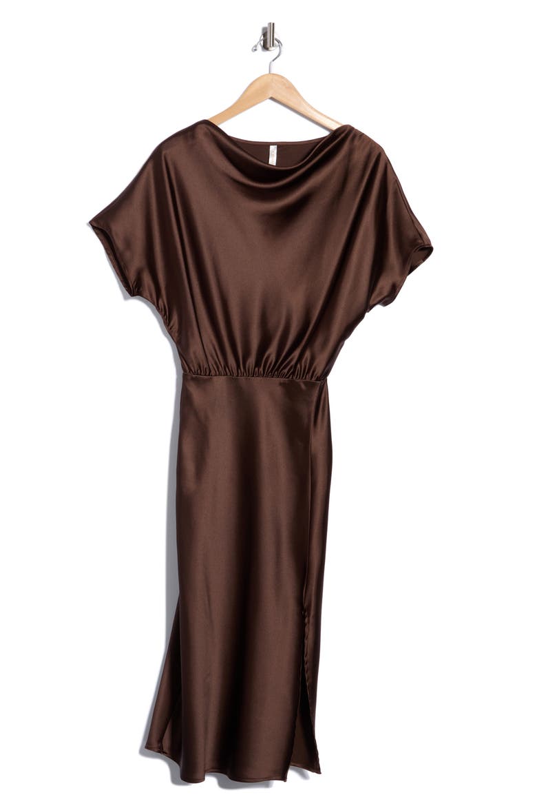 Satin Cowl Neck Midi Dress, Alternate, color, BROWN