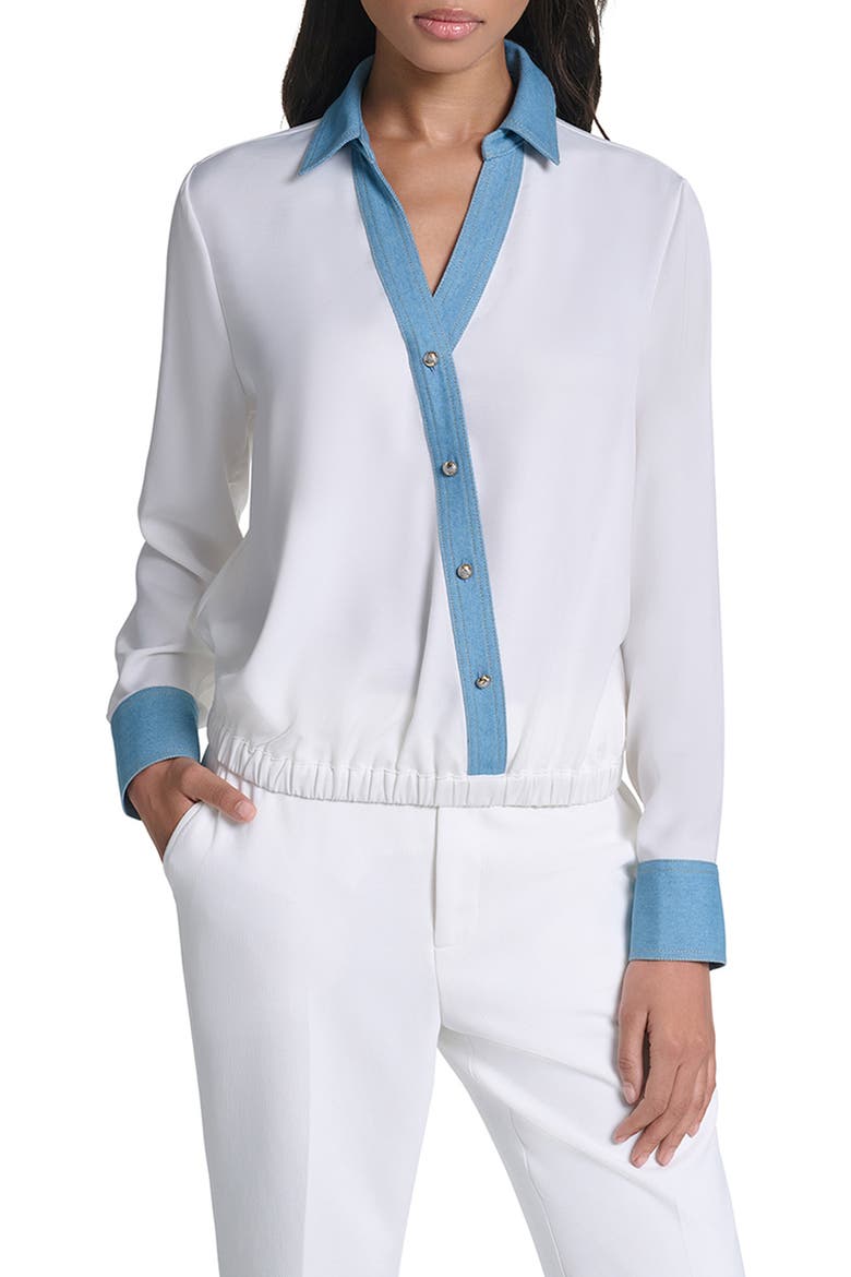Denim Trim V-Neck Blouse, Main, color, SOFT WHITE