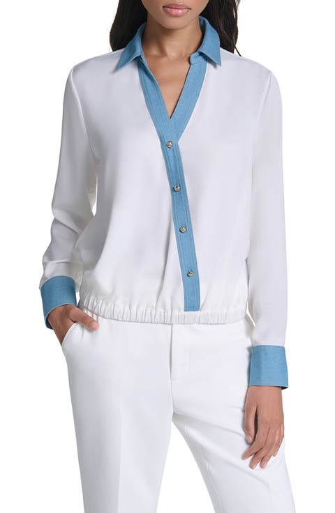Denim Trim V-Neck Blouse