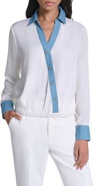 KARL LAGERFELD PARIS Denim Trim V-Neck Blouse
