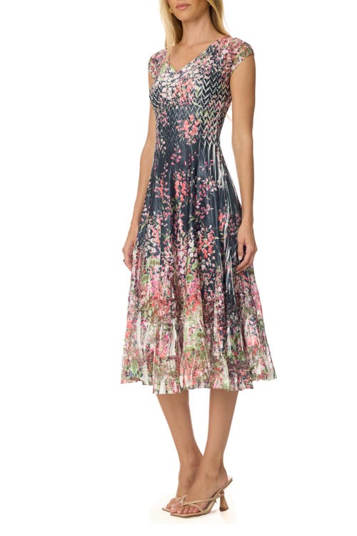 Komarov Border Print Charmuese Dress With Cap Sleeves In Multi