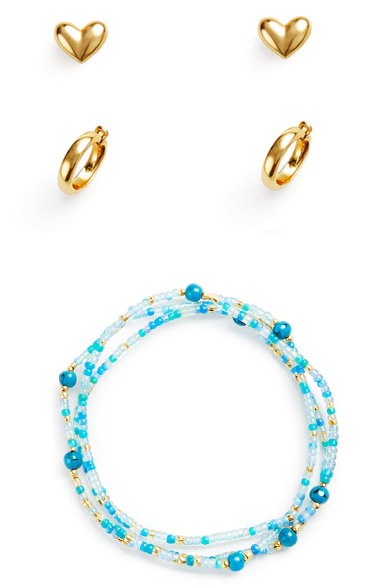 Shell Stud, Huggie Hoop Earrings & Beaded Stretch Bracelets Set, Alternate, color, TURQUOISE