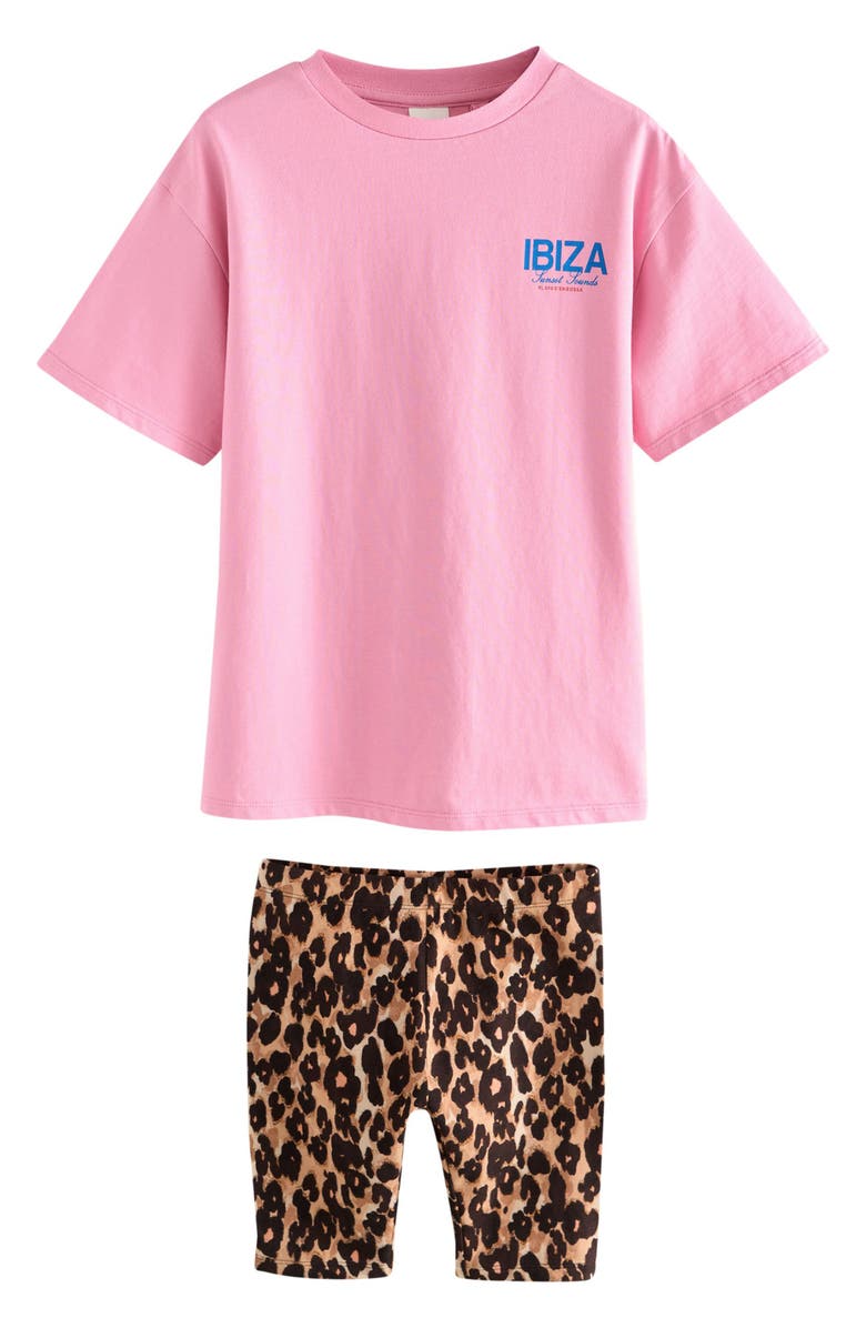 NEXT Kids' Ibiza Oversize Graphic T-Shirt & Leopard Print Bike Shorts Set, Main, color, Pink
