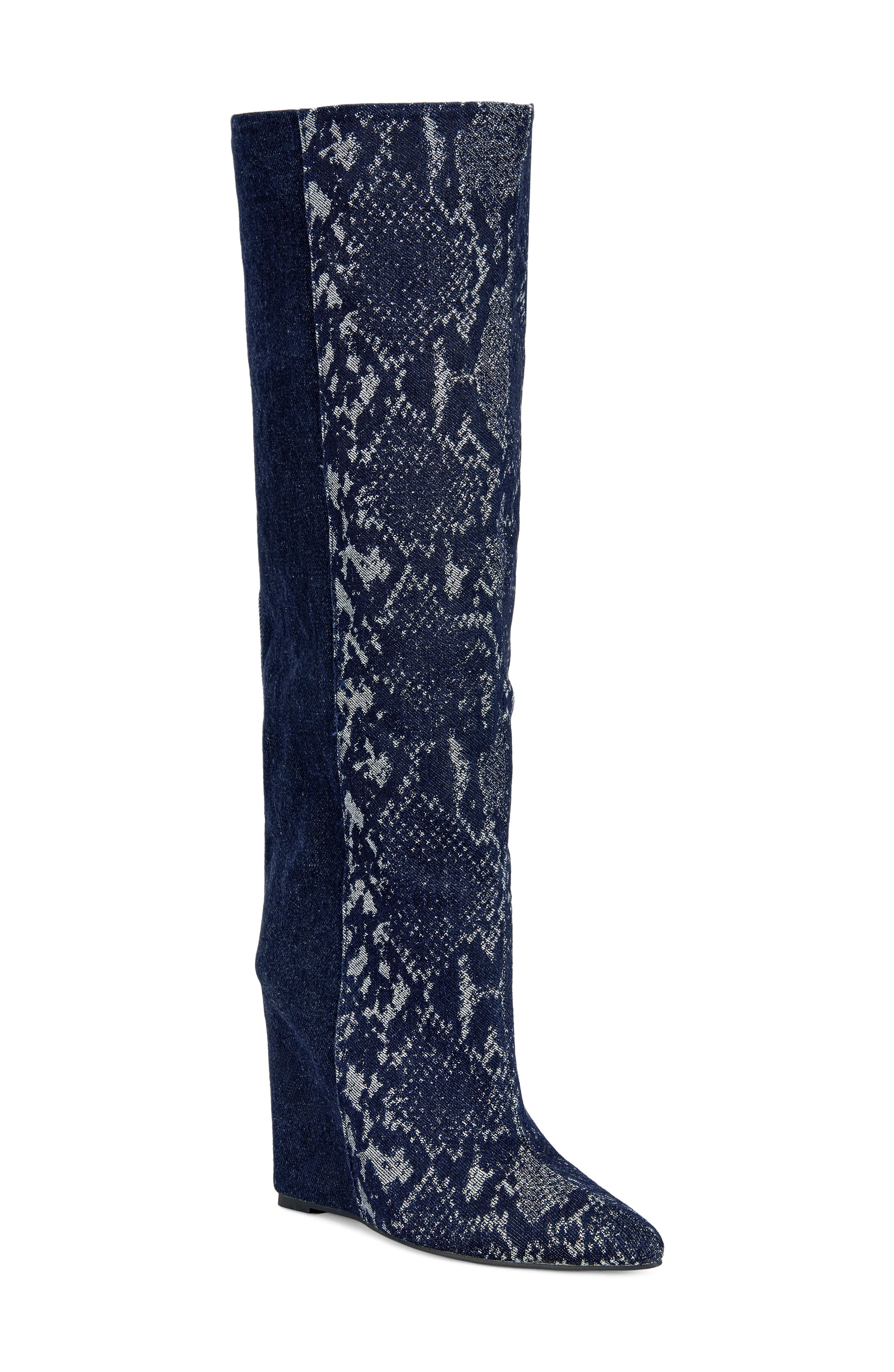 Gianna Snake Print Wedge Knee High Boot, Main, color, DENIM