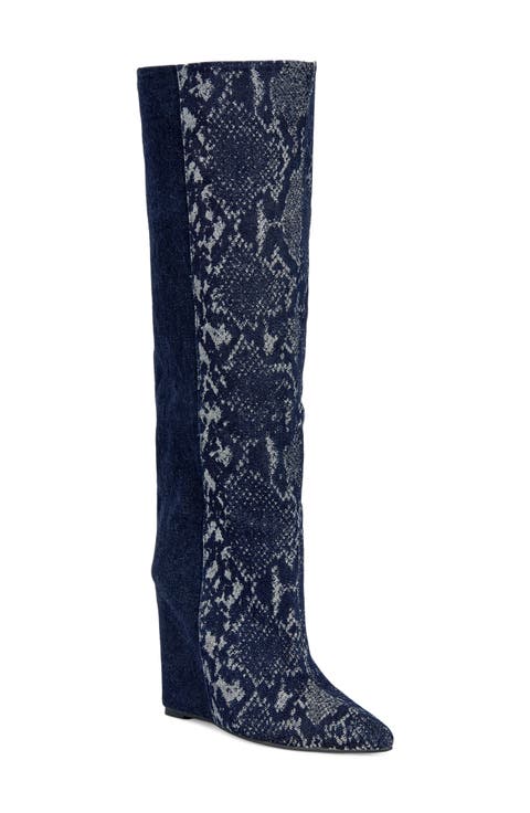Gianna Snake Print Wedge Knee High Boot