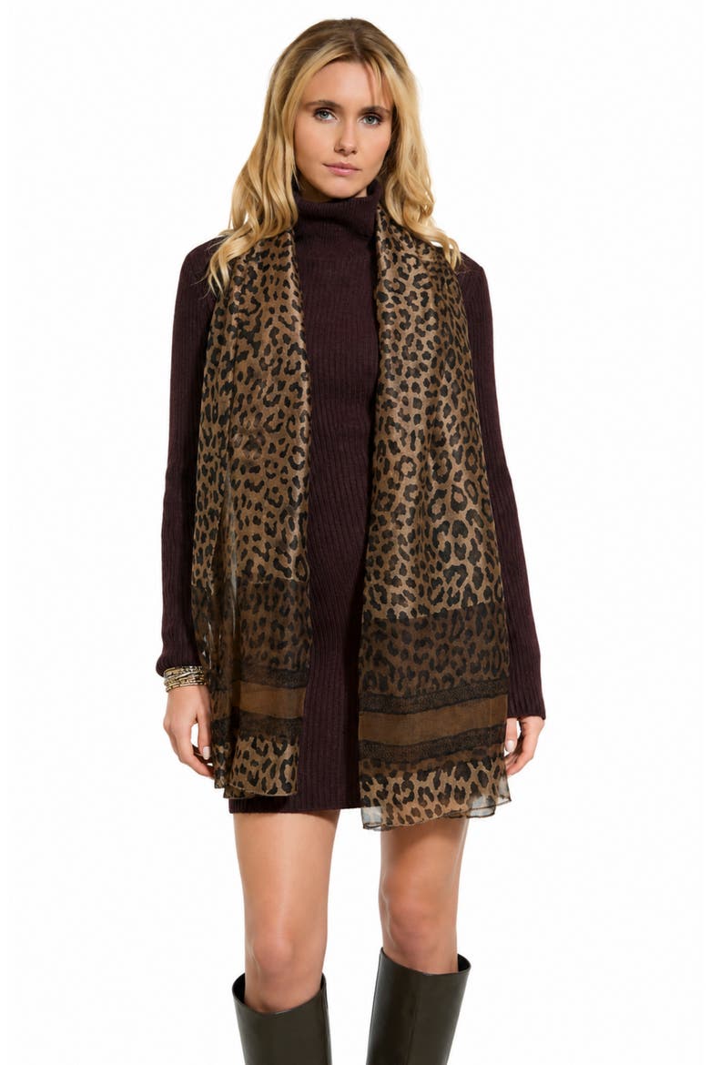 Leopard Print Silk Scarf, Alternate, color, BROWN