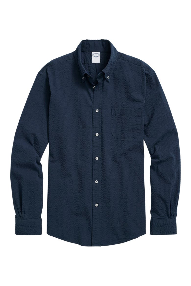 Solid Stretch Seersucker Button-Down Shirt, Main, color, SOLID NAVY