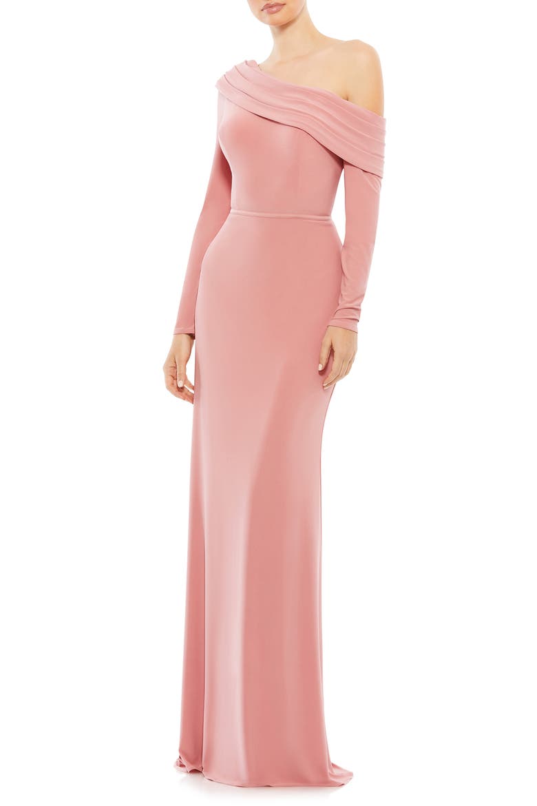 One-Shoulder Jersey Trumpet Gown, Main, color, ROSE GOLD