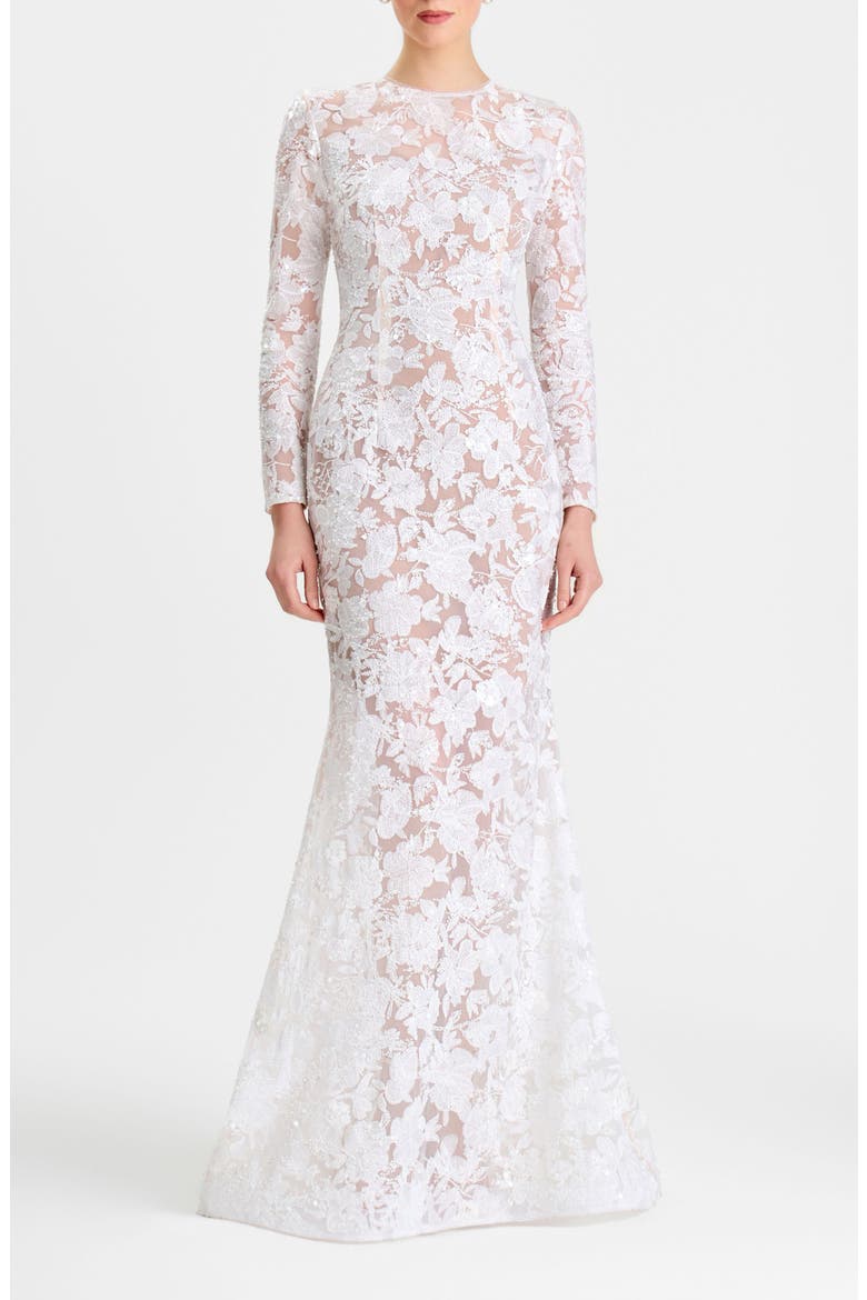 Sasha Embroidered Sequin Sheer Mesh Gown, Main, color, WHITE